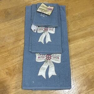 Vtg 3 Pc Cannon Blue Ribbon Floral Embroidered Bathroom Towel Set Bath/Hand/Wash